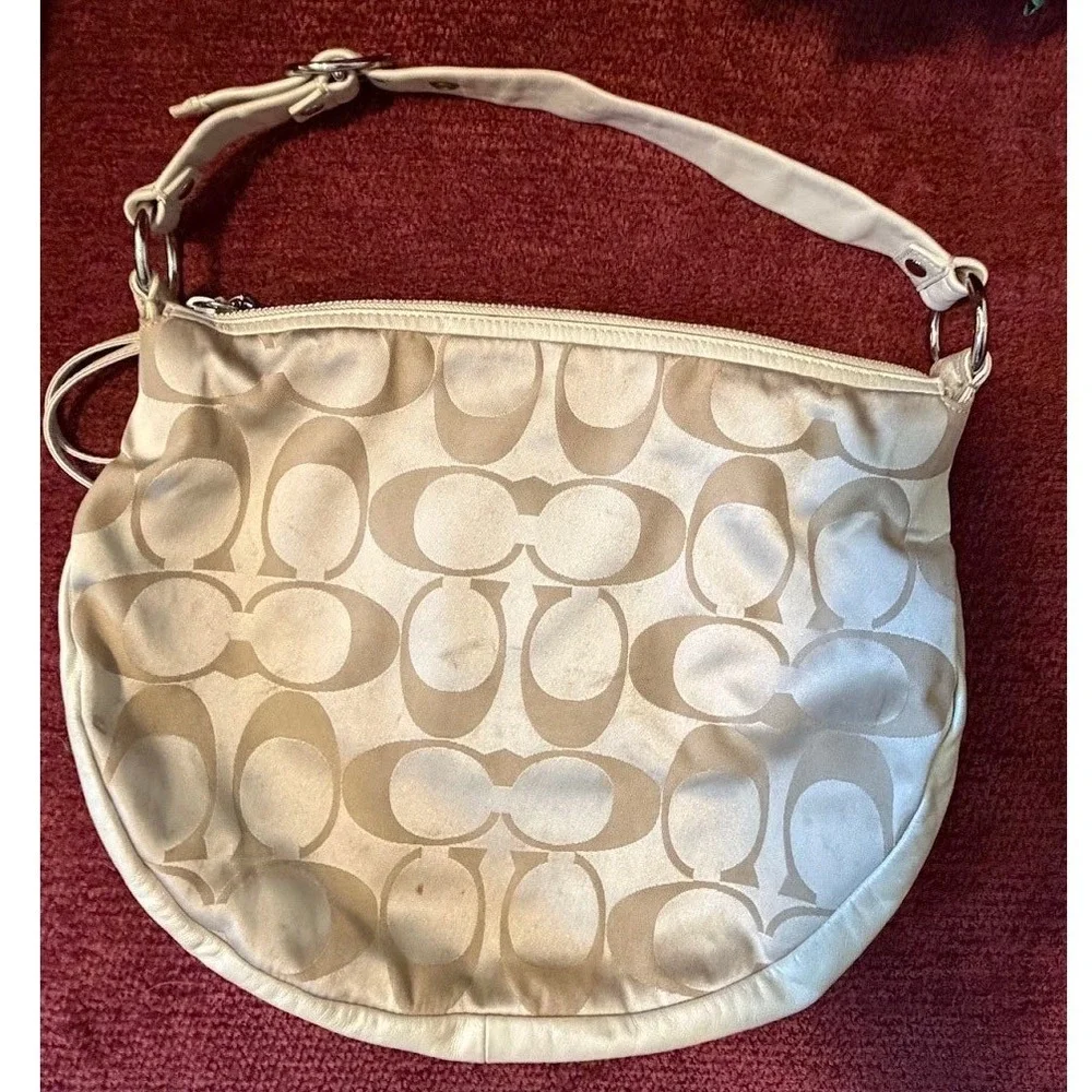 Coach Zoe Hobo Bag Champagne Gold Signature Sateen Leather Large 13642